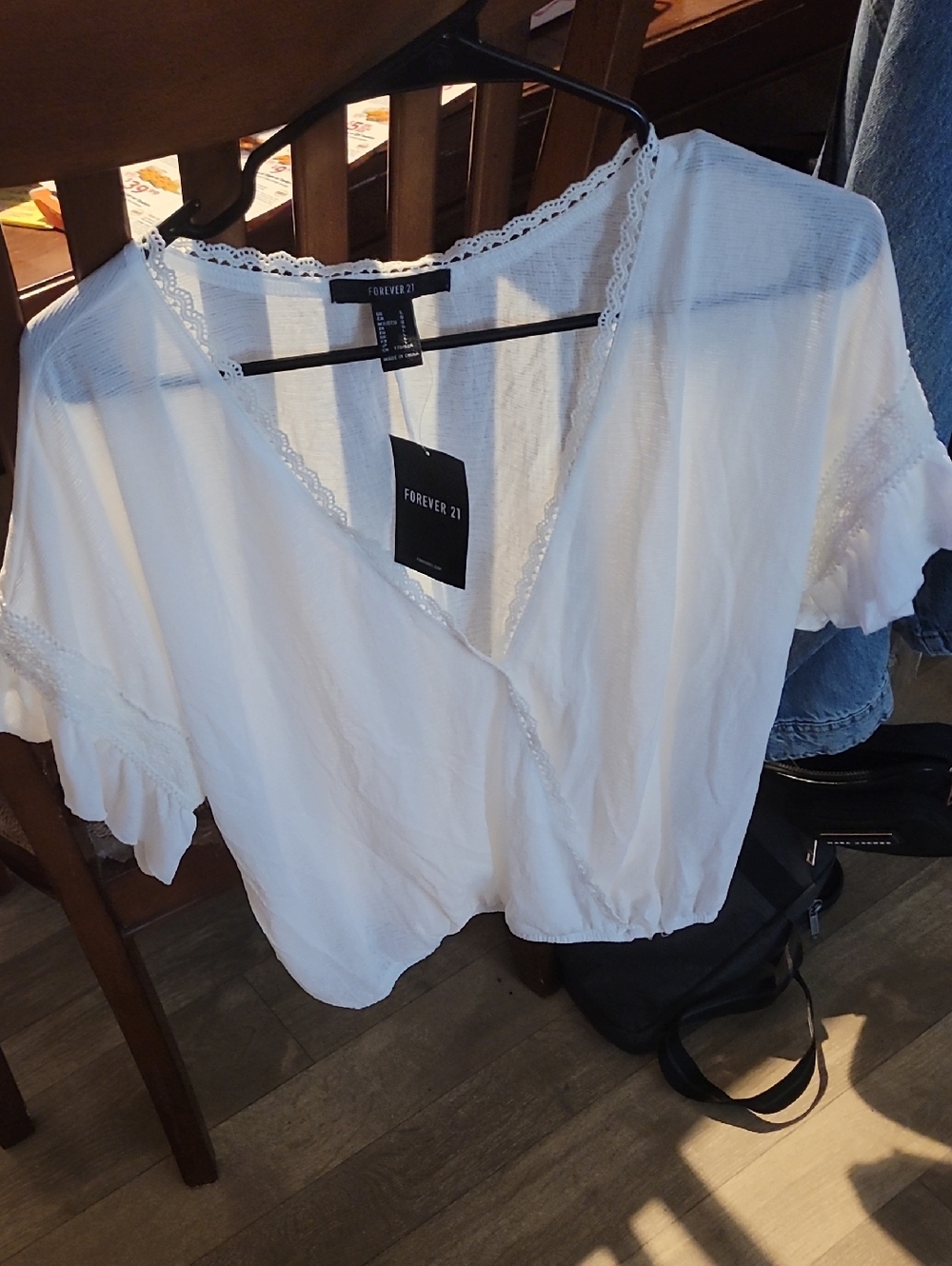 Forever 21 White Lace-Trim Wrap-Style Blouse
